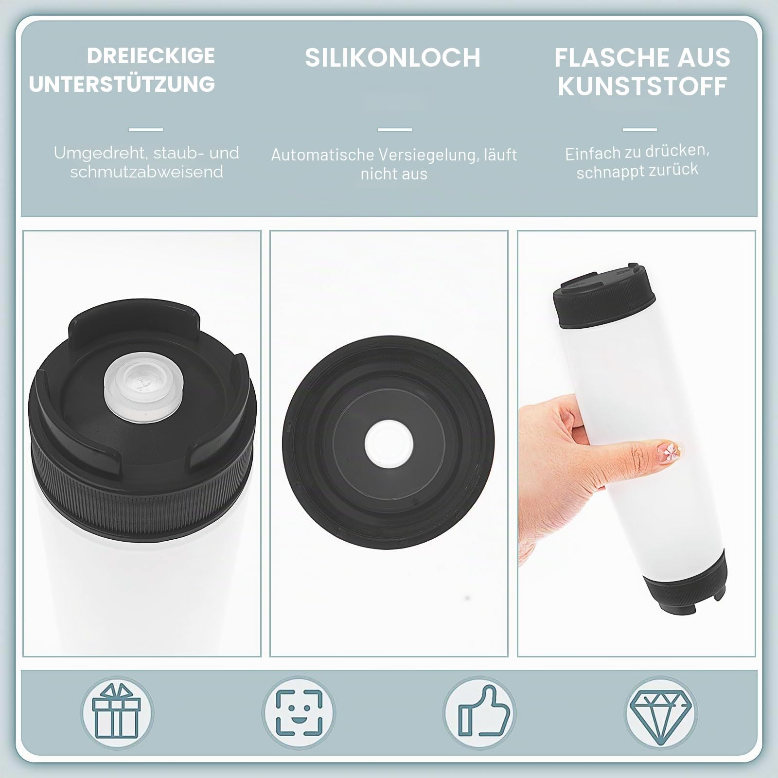 12 Stück Umgekehrte Kunststoff-Quetschflaschen 480 ml, Nachfüllbare selbstdichtende Soßenspender für dicke Gewürze Saucen Teig Dressing Catering Lebensmittel Food Truck Restaurant, Schwarz