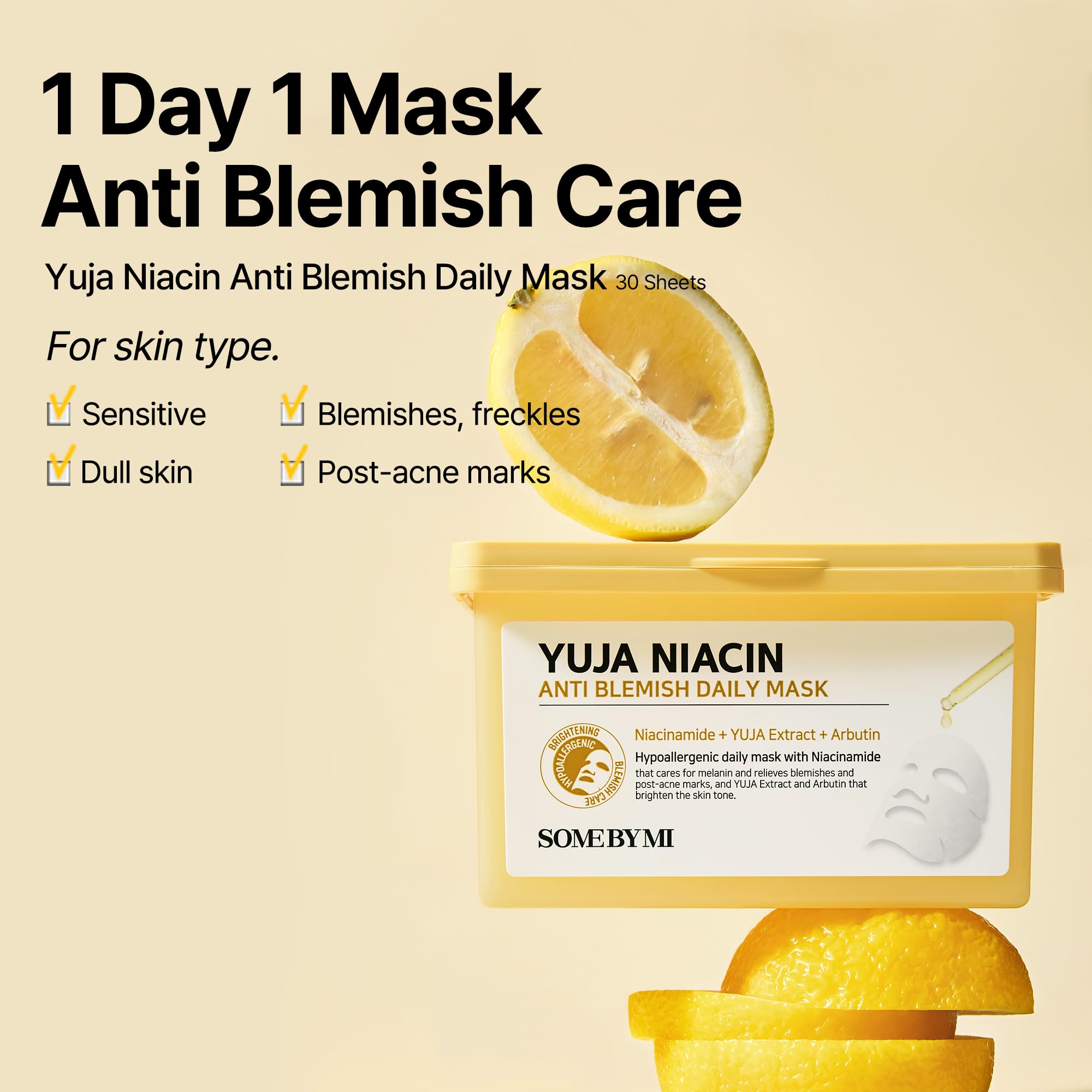 SOME BY MI Yuja Niacin Anti Blemish Daily Mask, 30 Sheets, 11.8oz, Daily Korean Niacinamide Face Sheet Mask for Dark Spot - Image 2