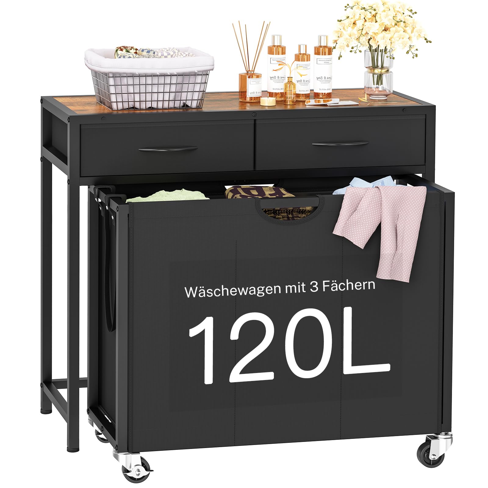 FIONESO Wäschekorb 3 Fächer, 120 L Wäschesammler mit 2 Schubladen, Wäschekorb mit Rollen & Zweifarbige obere Platte, Wäschewagen für Waschraum, Badezimmer, Eingangsbereich - ENZYL008H