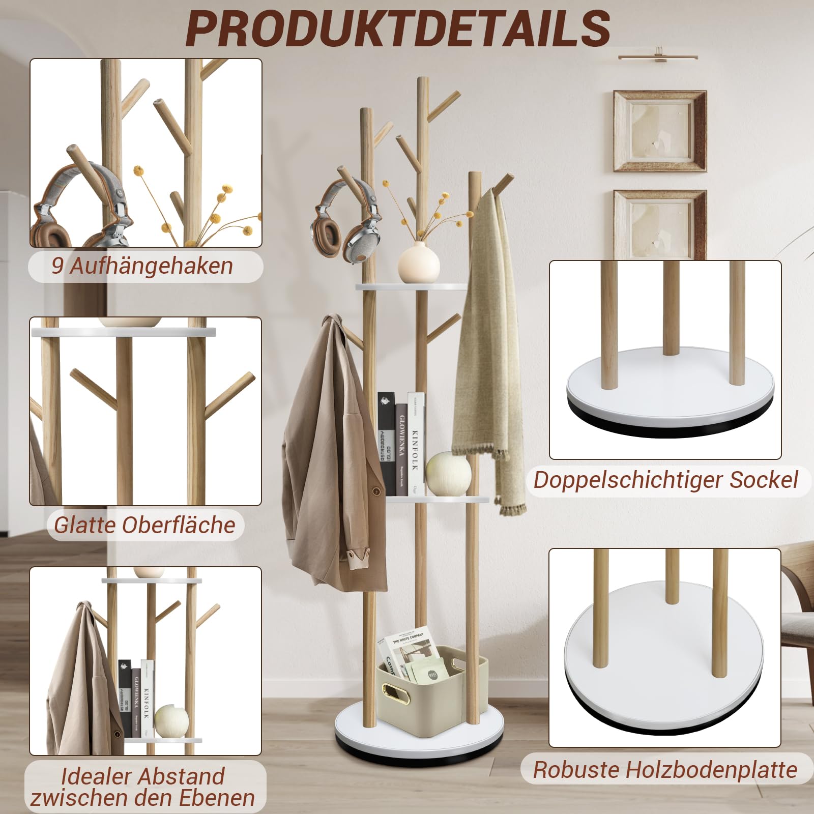 SUNDOY Drehbarer Garderobenständer aus Massivholz, 3 Ablagen & 9 Haken, stabil & einfach zu montieren, für Flur & Schlafzimmer, 165×41×41 cm, für Hüte, Schals & Taschen (Drehbare Garderobe)