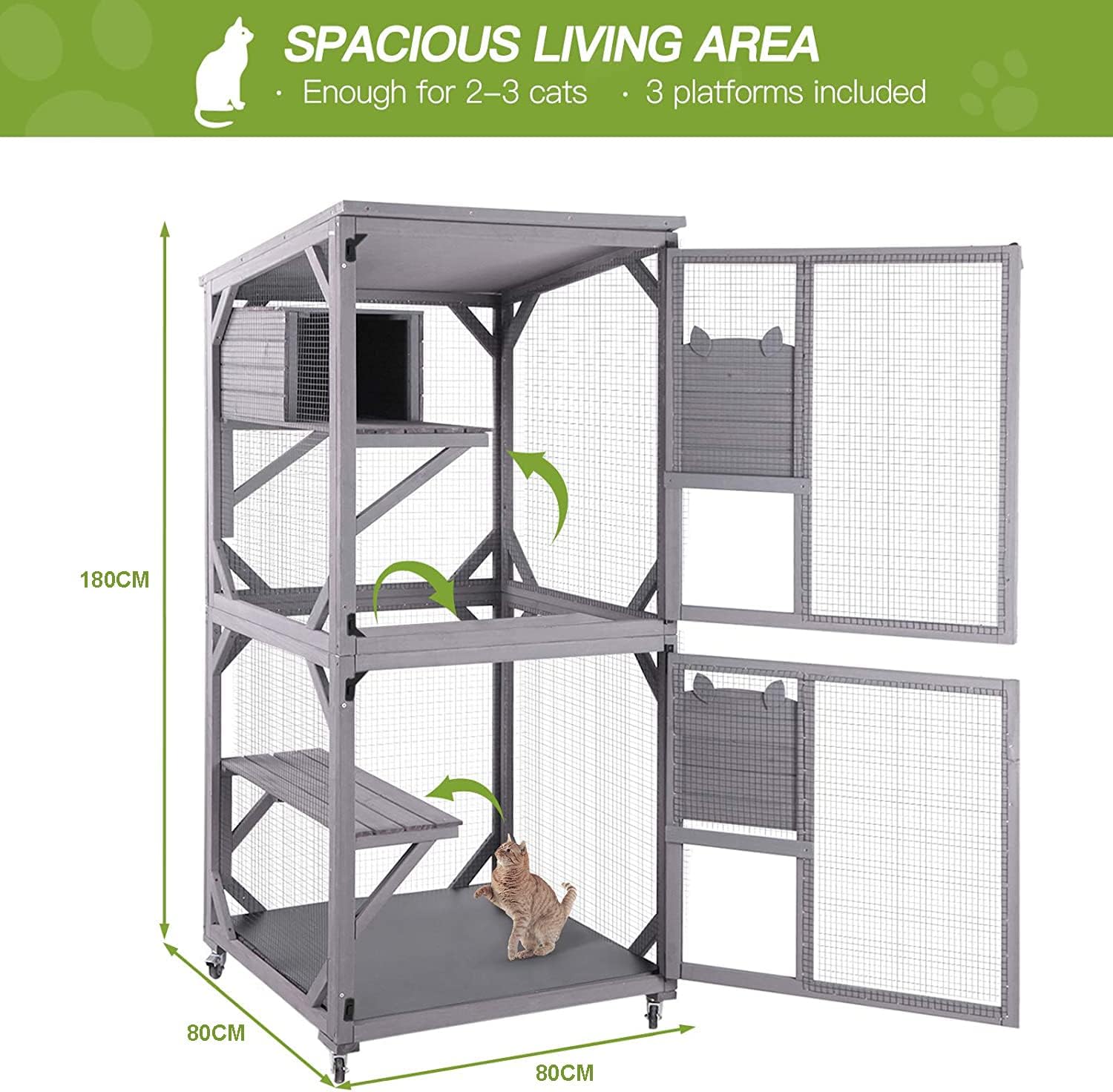 Seiyierr Gato jaula de madera interior al aire libre gato casa grande con ruedas en Run 70.9" gato jaula con barras de refuerzo y techo impermeable
