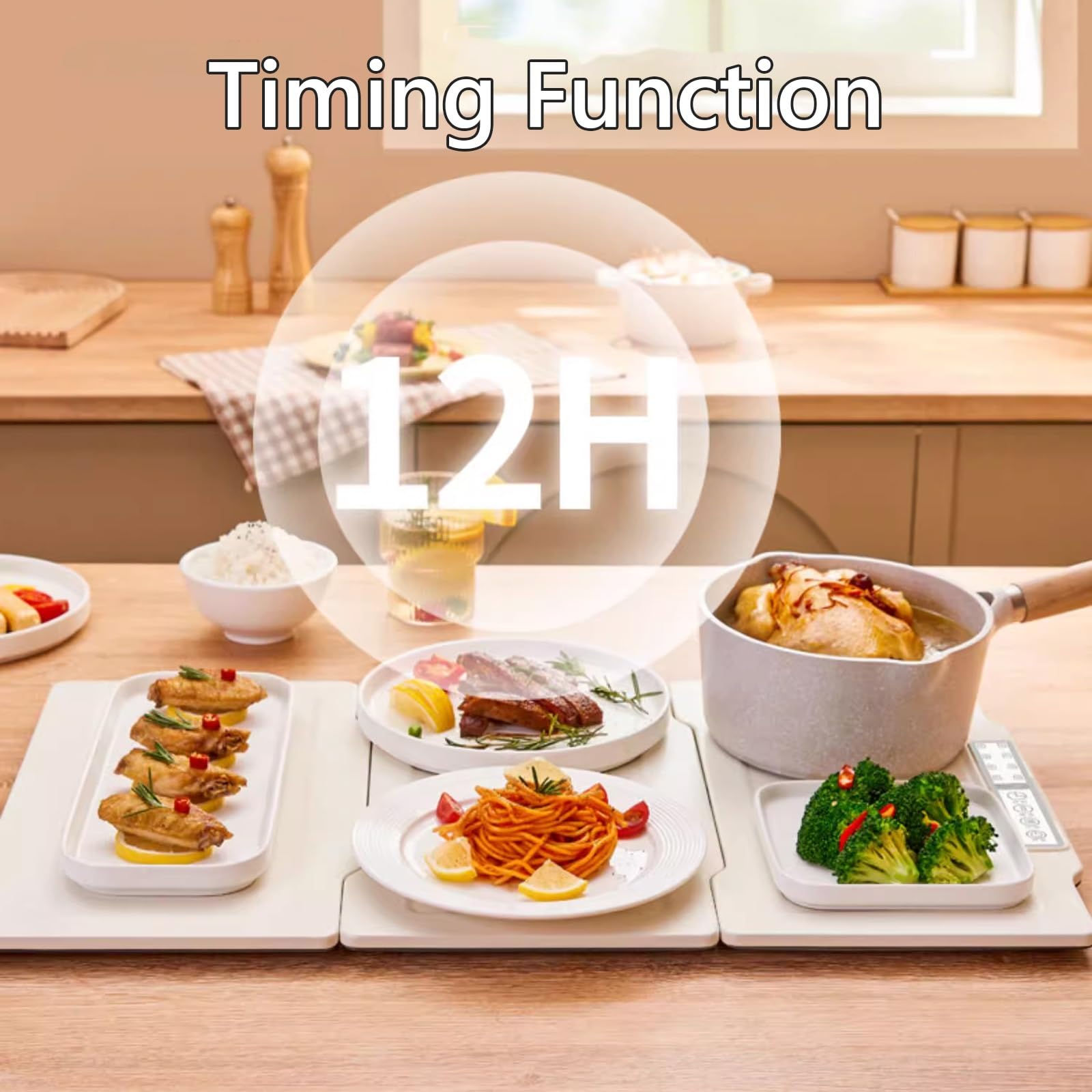 Calienta Platos de Mesa Electrico, Bandeja Calefactora Eléctrica, Función de Sincronización, Fácil de Limpiar, Calentando Rápidamente, para Familia, Fiestas(S)