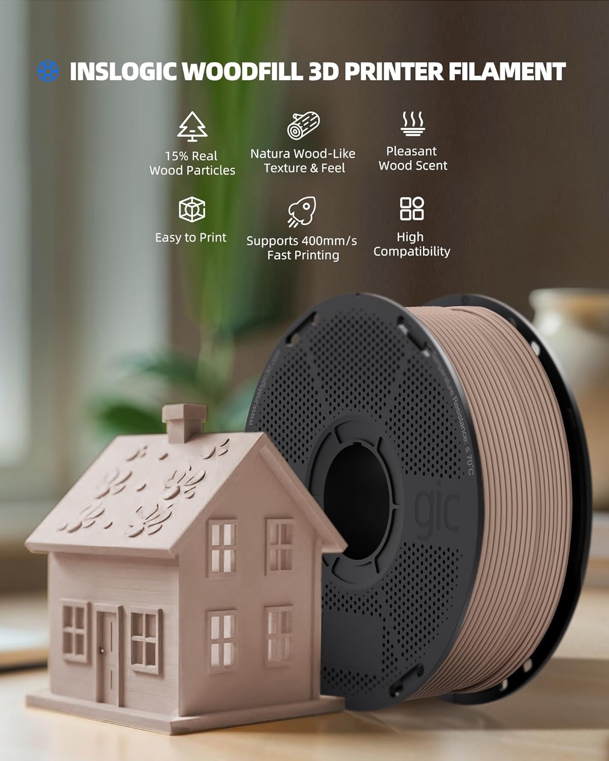 Inslogic WoodFill PLA Filament 1.75mm, 3D Printer Filament Matte Finish, Real Wood Texture, Fast Printing, Fit Most FDM 3D Printers, 1kg (2.2lbs), Natural Wood