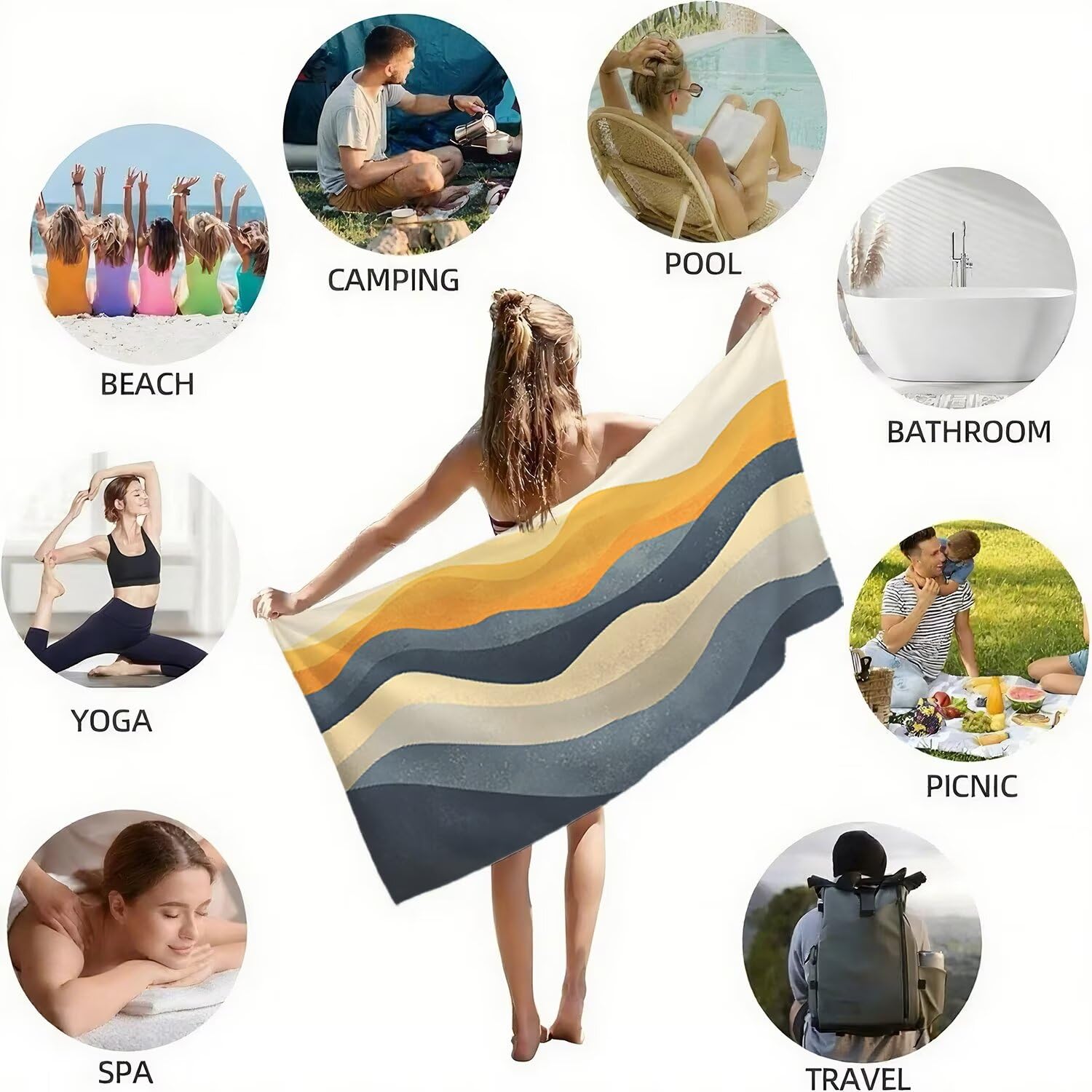 Toalla Playa Grande 150x200 Toalla Playa Microfibra, Ligera Secado Rápido, Sin Arena Portátil Toallas para Viajes, Hombre, Mujer Toallas, para Natación, Camping, Gimnasio (Color Onda) p-150