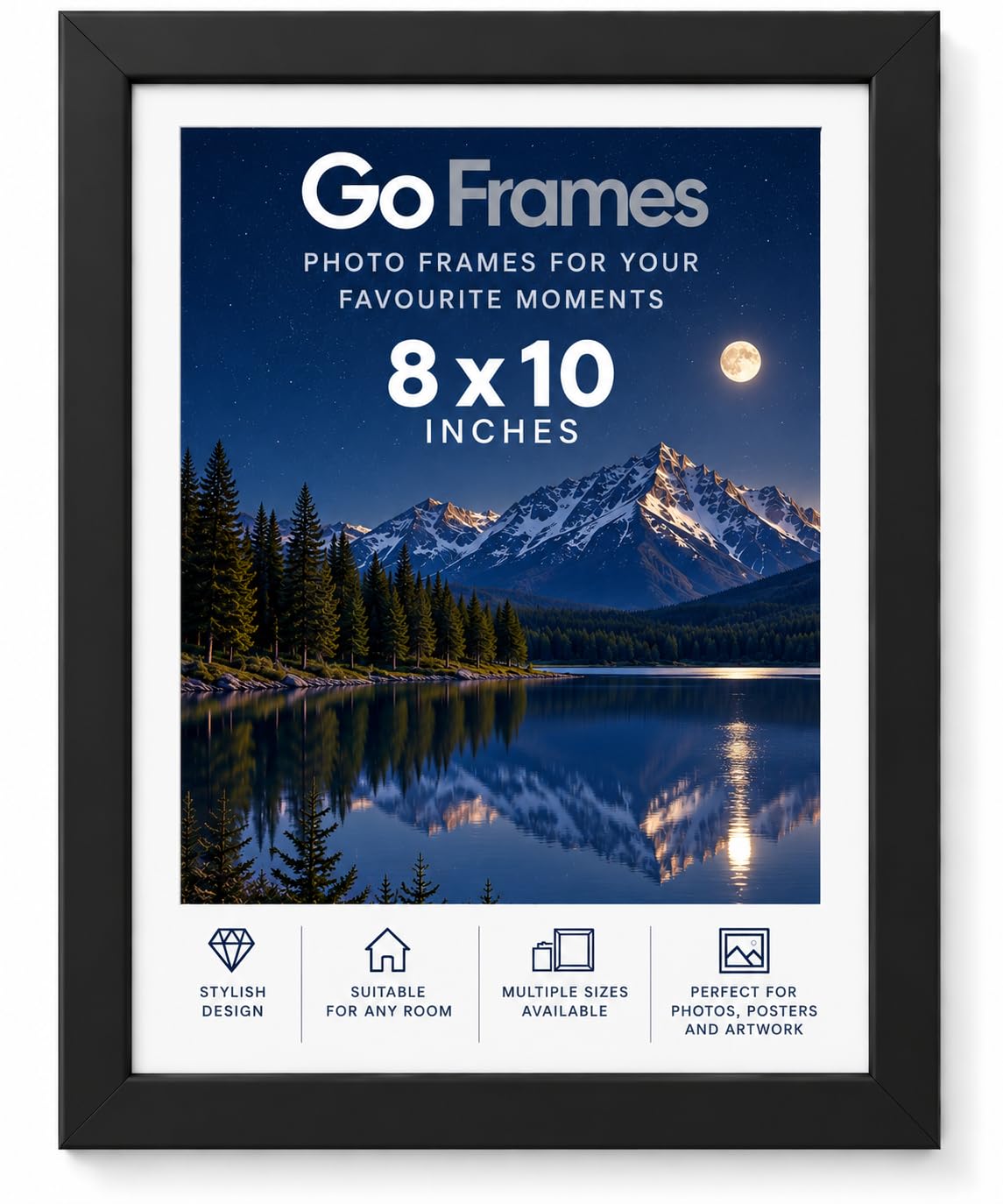 Go Frames Black 8 x 10 Inch (20.32 x 25.4 CM) Picture Frame with Plexiglass Front, Engineered Wood Frame for Photos, Posters, Prints & Artwork, Portrait or Landscape Wall Display