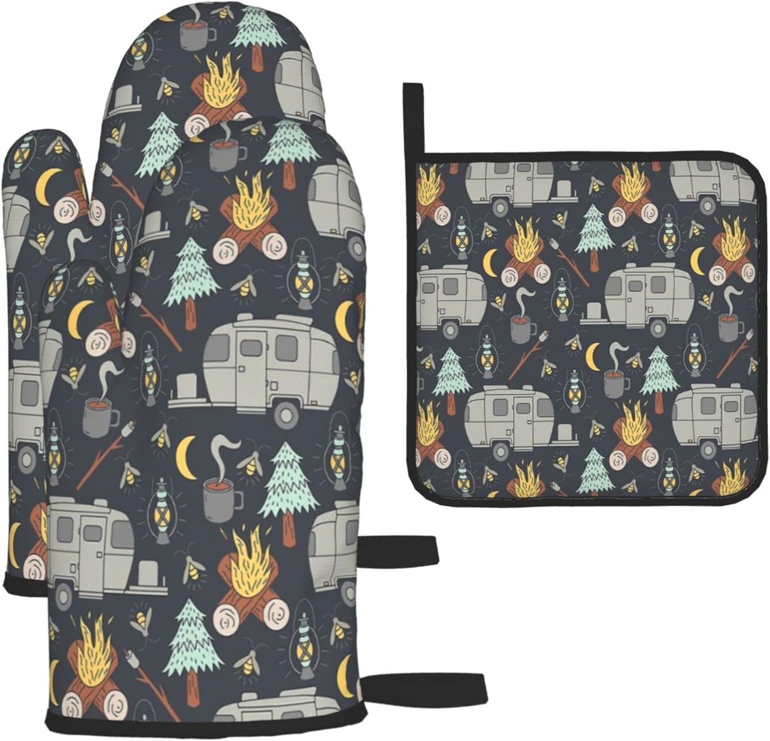 Airstream Camping Oven Mitts and Pot Holders Set, Heat Resistant Kitchen Bake Gloves Non-Slip Pot Holders for Cooking, Baking,Grilling, Barbecue,BBQ, Style2, One Size