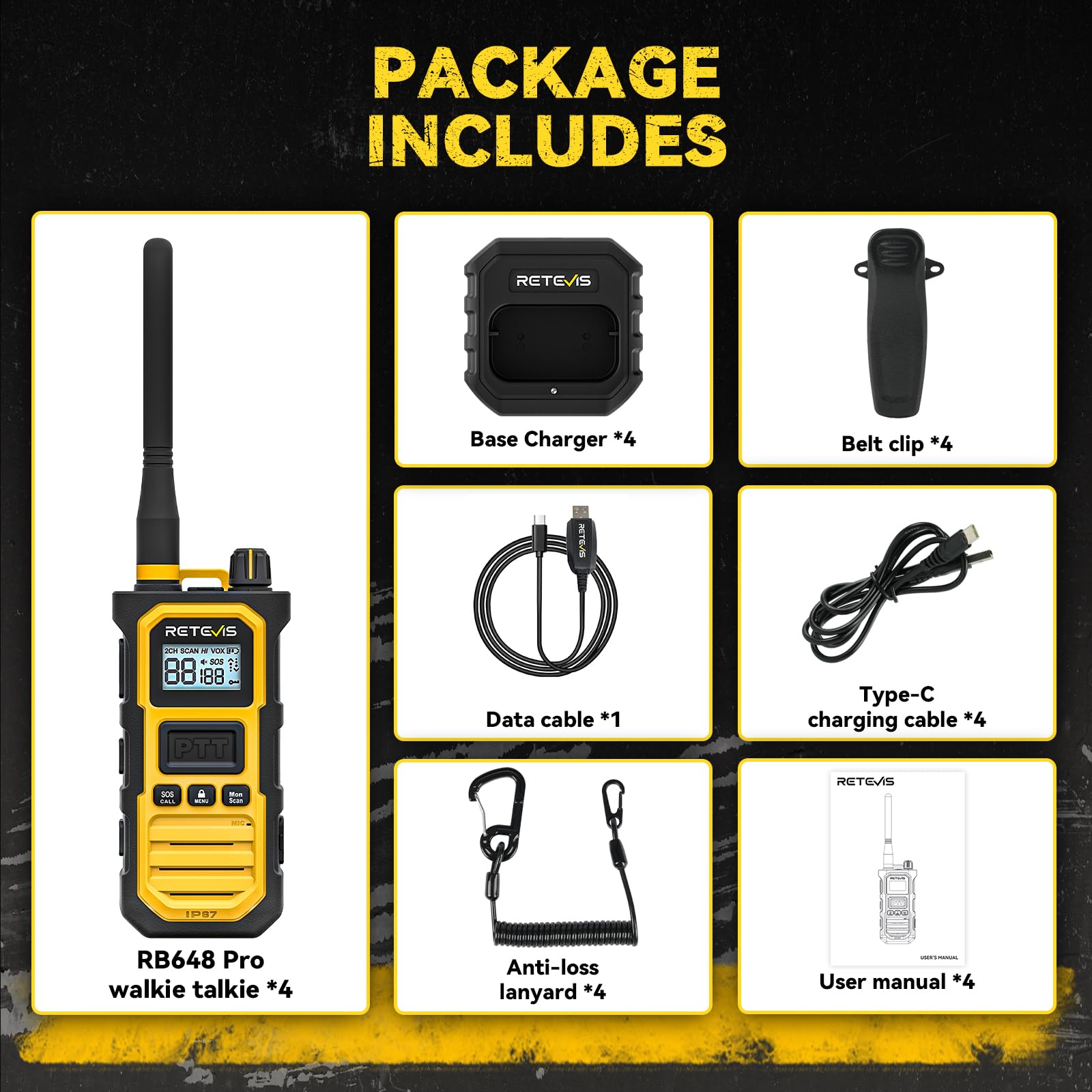 Retevis RB648 Pro Robustes Walkie Talkies, IP67 Wasserdicht, Hohe Leistung 2800 mAh, Gruppenruf, VOX, Intelligentes Audio, Handfunkgeräte mit großer reichweite für Baustellen (4 Stück, Gelb)