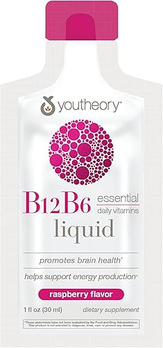 Youtheory Vitamina B12 B6, suplemento de energía diaria y apoyo cerebral, sabor a frambuesa líquida, paquetes de 12 1 onza de una sola porción
