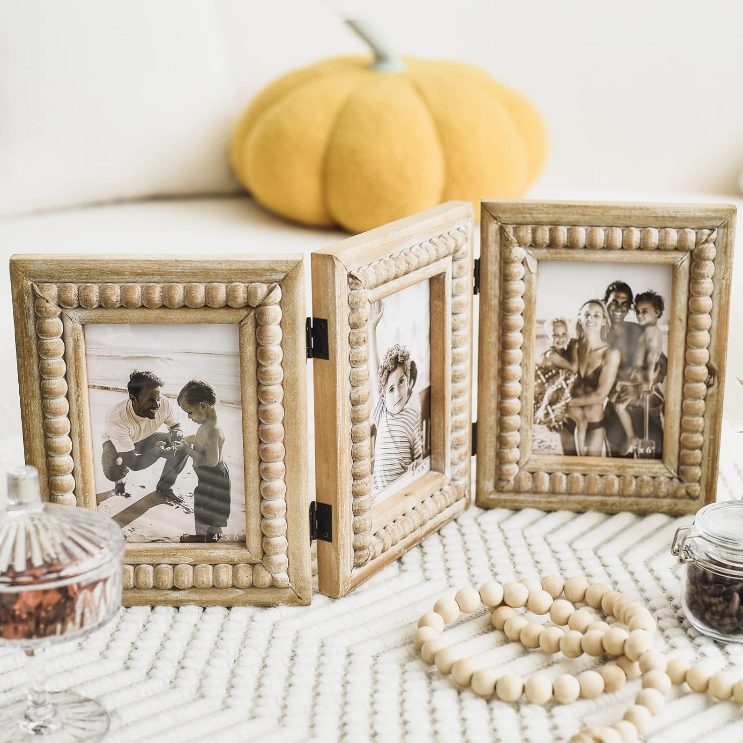 Rustic Distressed 3 Photos Folding Picture Frame Collage with Decorative Wood Beads, 3 Picture Frames 4x6 for Table or Wall Hanging, Farmhouse Gift Idea for Family and Friends