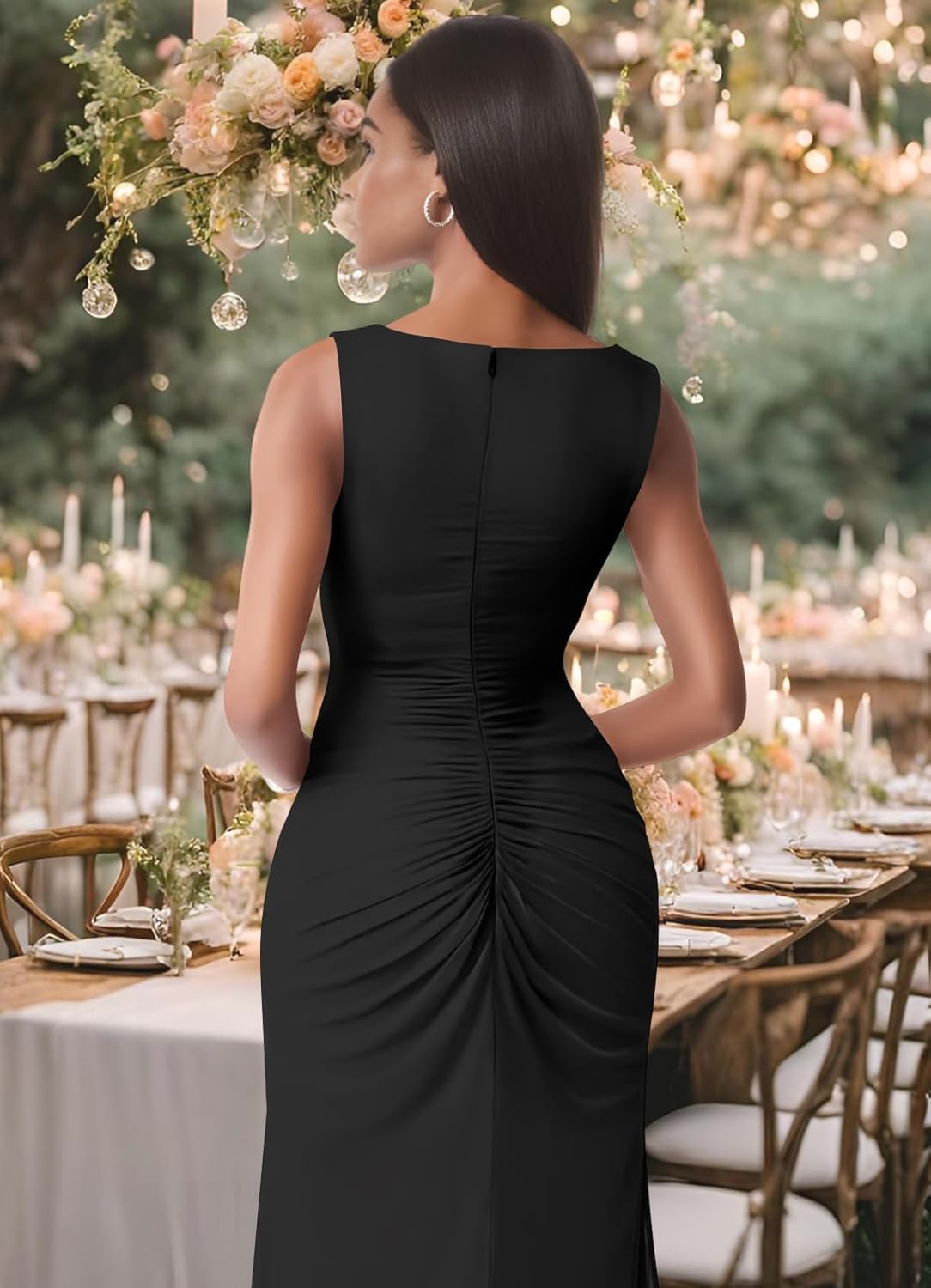 firfig Womens Formal Long Dress Mesh V Neck Sleeveless Ruched Slit Leg Cocktail Party Wedding Guest Maxi Dresses - Image 5