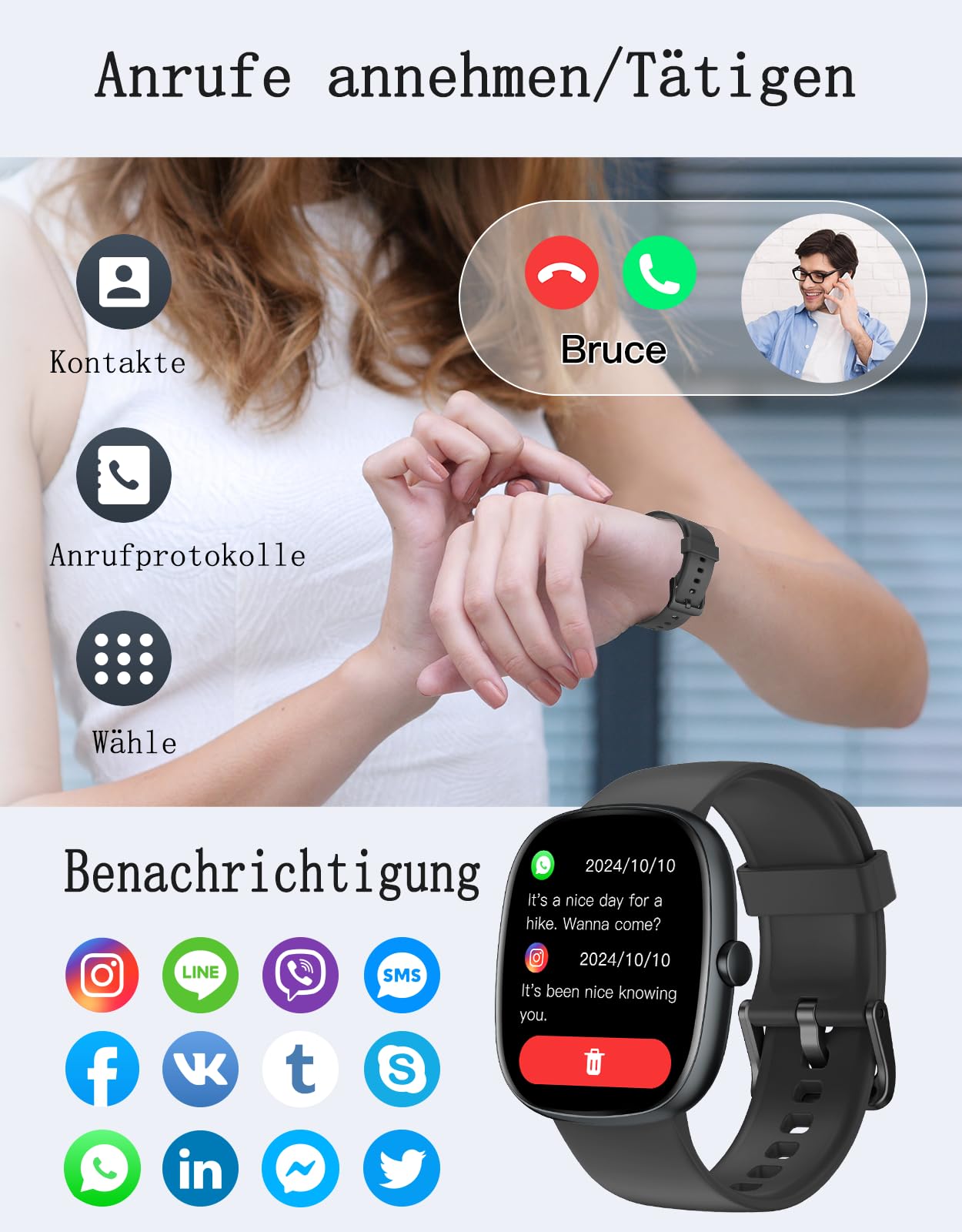 Smartwatch Damen Herren mit Telefonfunktion,1.85" HD Screen Fitnessuhr | SpO2/Herzfrequenz/Schlafmonitor/Schrittzähler 100+Sportmodi,IP68 Wasserdicht,Whatsapp Benachrichtigung für Android iOS Handy