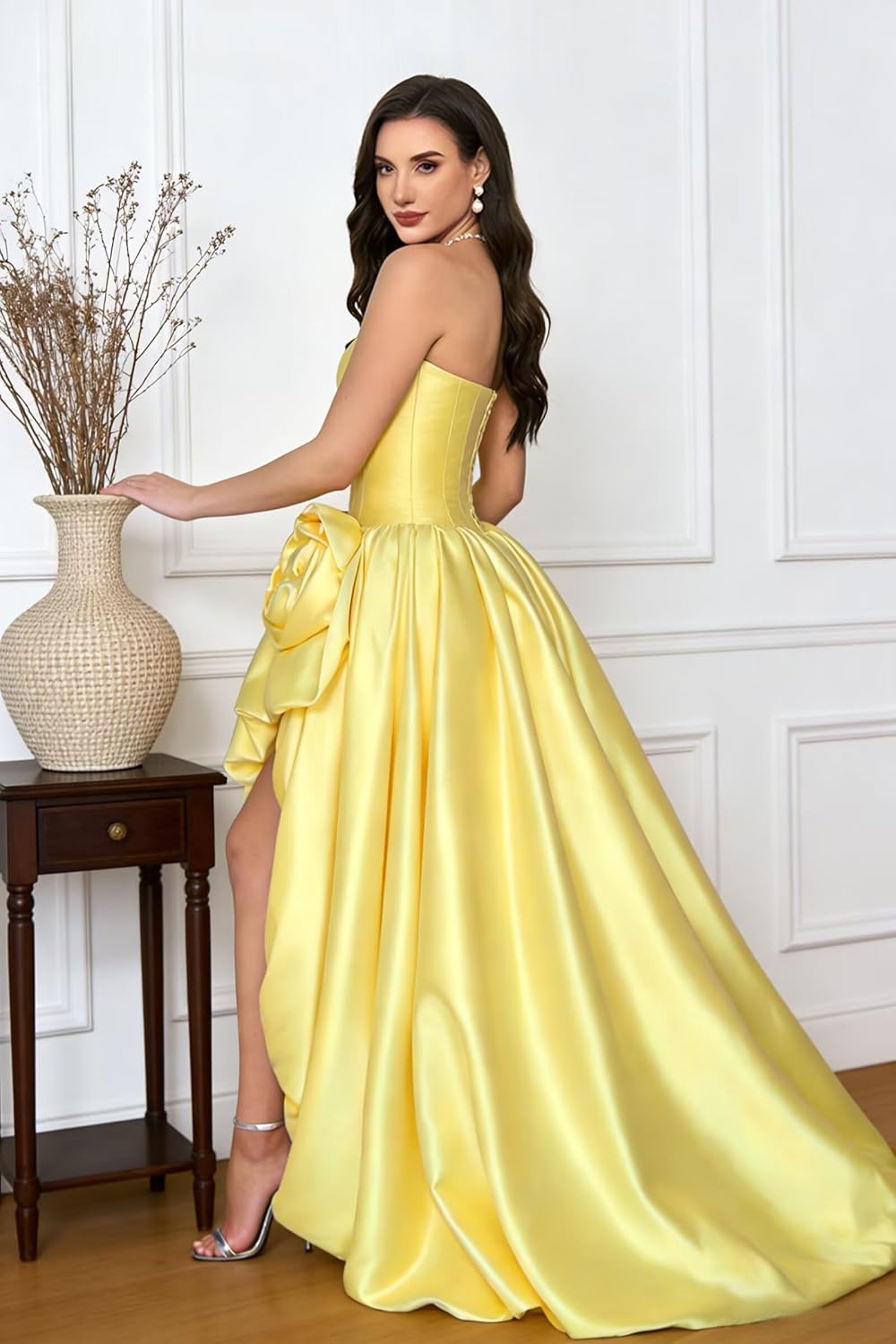 SHSUREVE Women's Strapless Satin Corset Prom Dresses 3D Rose A-Line Long Ball Gowns with Slit Formal Evening Dress