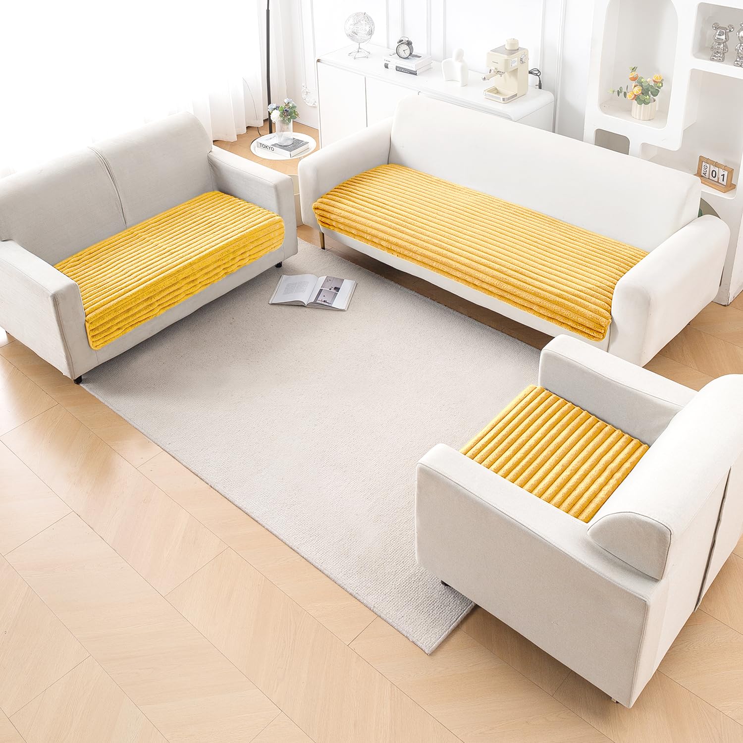 HOKIPO Faux Rabbit Fur Sofa Cover 6 Seater Set (3+2+1) – Plush Anti-Slip Mat for 321 Seater Sofa | Snuggle Fur Mustard Yellow (AR-6333+AR-6335+AR-6337-YLW)-image-38