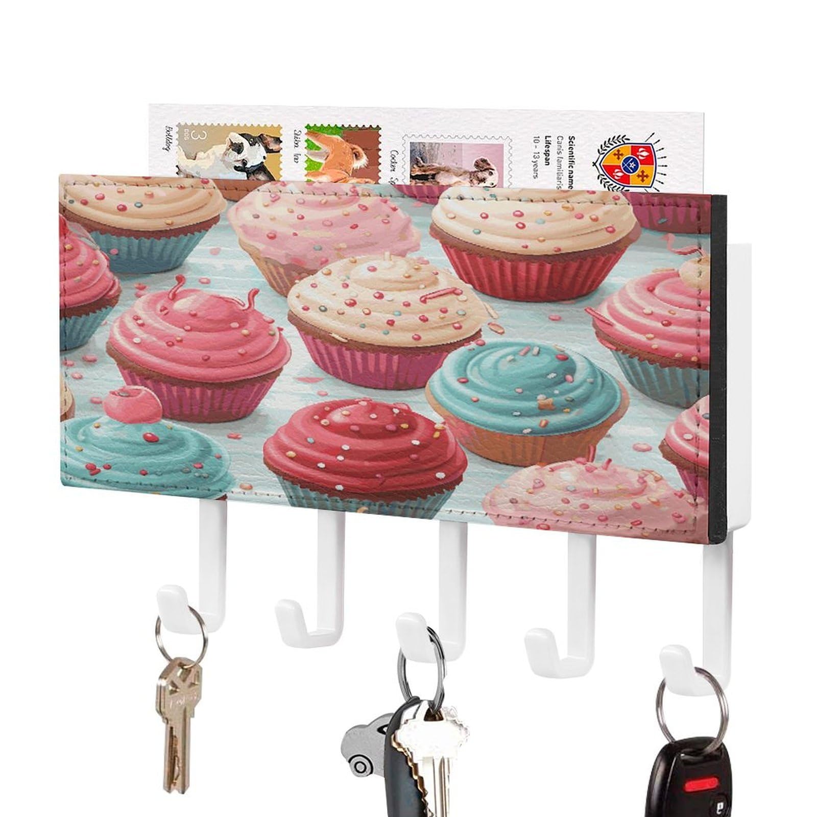 FekiLoot Colorful Sweet Lollipop Cupcake Donut Key Holder Wall Mount Key Hooks for Wall Decorative with 5 Hooks PU Mail Rack Organizer with Shelf for Entryway Mudroom Hallway Office 7.1X4.3 in