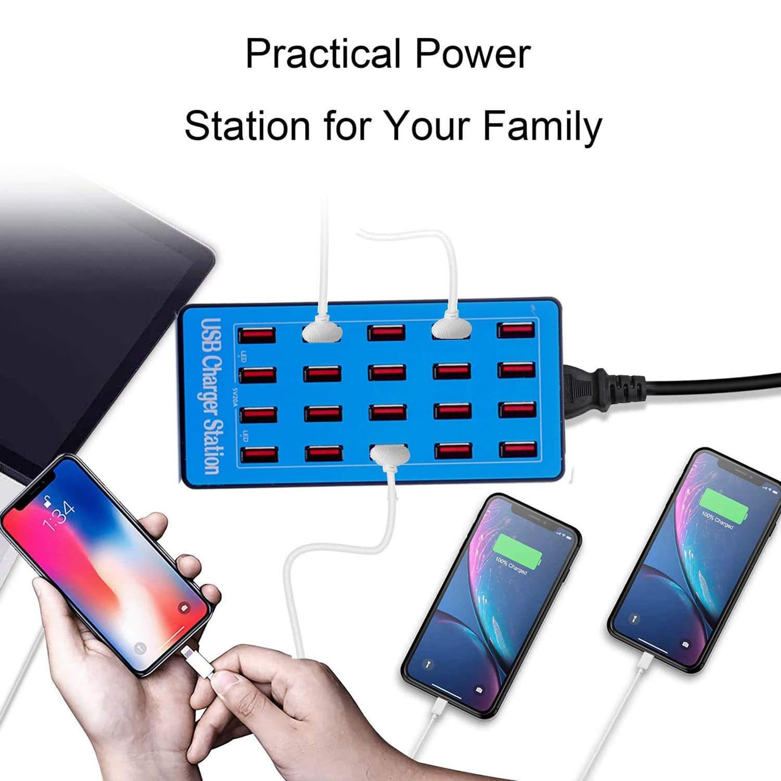 Stazione di Ricarica USB, Stazione di Ricarica USB da Tavolo a 20 Porte da 100 W, Caricabatterie Intelligente USB Multifunzione per Smartphone, Tablet, ventole USB, Mouse e tastier