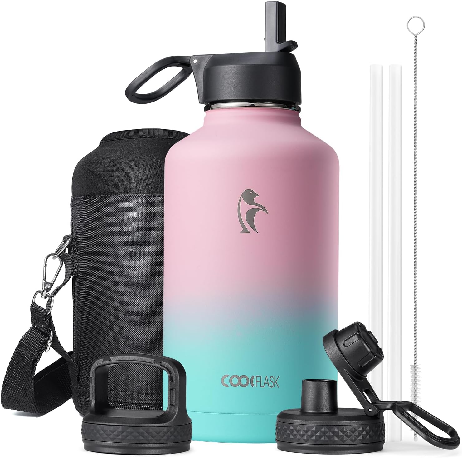 Coolflask Water Bottle Insulated 64 oz with Straw & 3 Lids, Half Gallon Water Jug Large Metal Stainless Steel Wide Mouth, BPA-Free Keep Cold 48H Hot 24H, Bubblegum Princess