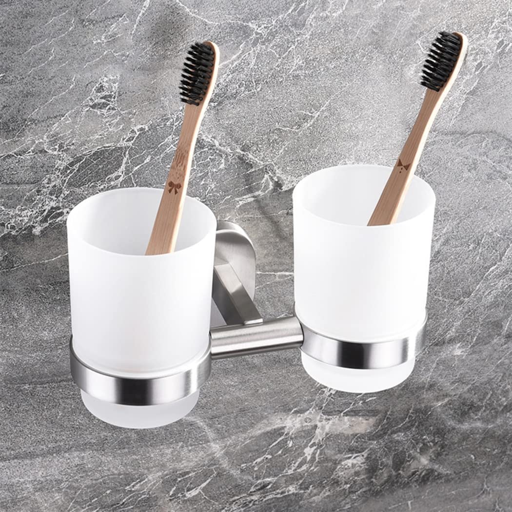 WRIST Zahnbürstenhalter, Wandmontierter Doppel-Zahnbürstenbecherhalter, Edelstahl Und Milchglas, Zahnbürstenbecherhalter Für Badezimmer, Gebürstet,A