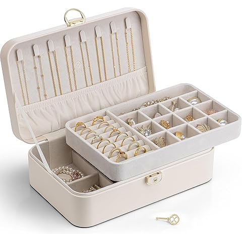 Vlando Jewelry Box Organizer for Women Girls, 2 Layer Jewelry Case with Lock,Jewelry Storage Earrings Necklace,Rings,Gift for Teachers Wedding Birthday Gifts-Cream White