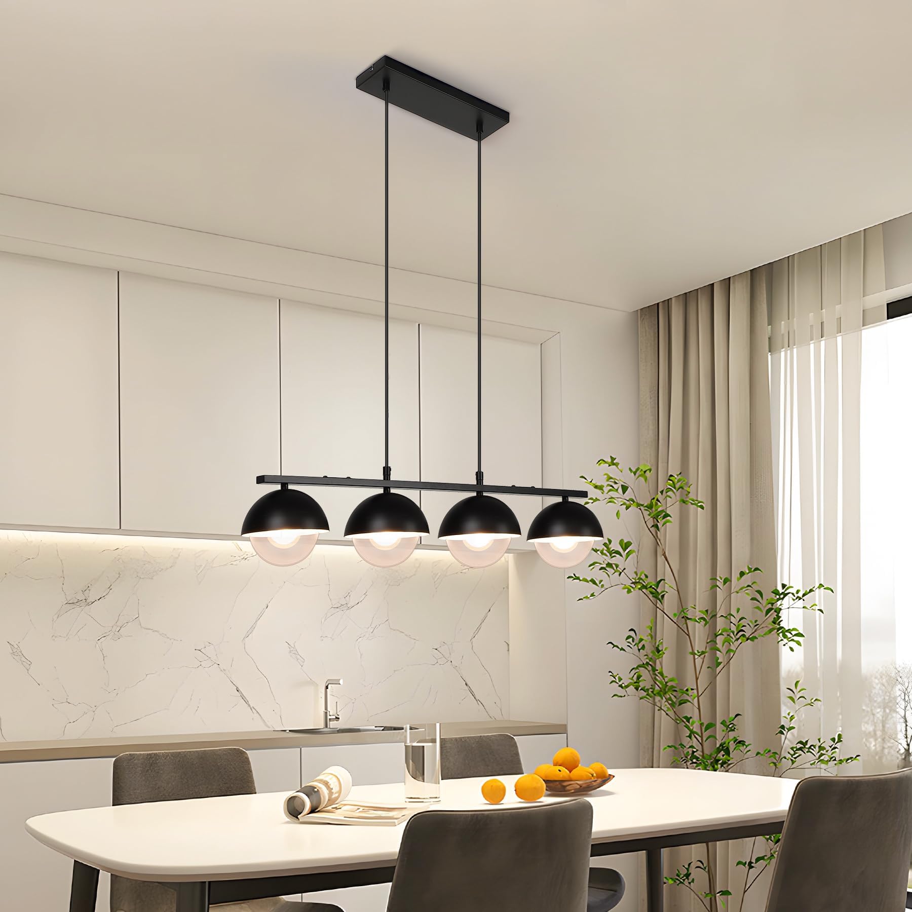 Litake Pendelleuchte Esstisch Glas Hängelampe 4-flammig Modern Metall in Schwarz Retro Hängeleuchte Industrial Höhenverstellbar für Esszimmer Restaurant Café Max.60W 4 x G9(ohne Leuchtmittel)