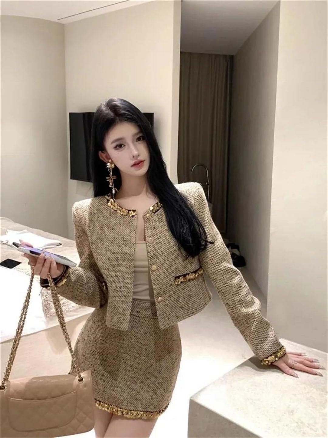 Women Tweed Two Piece Set Sequin O Neck Jacket Mini Skirt Outfit