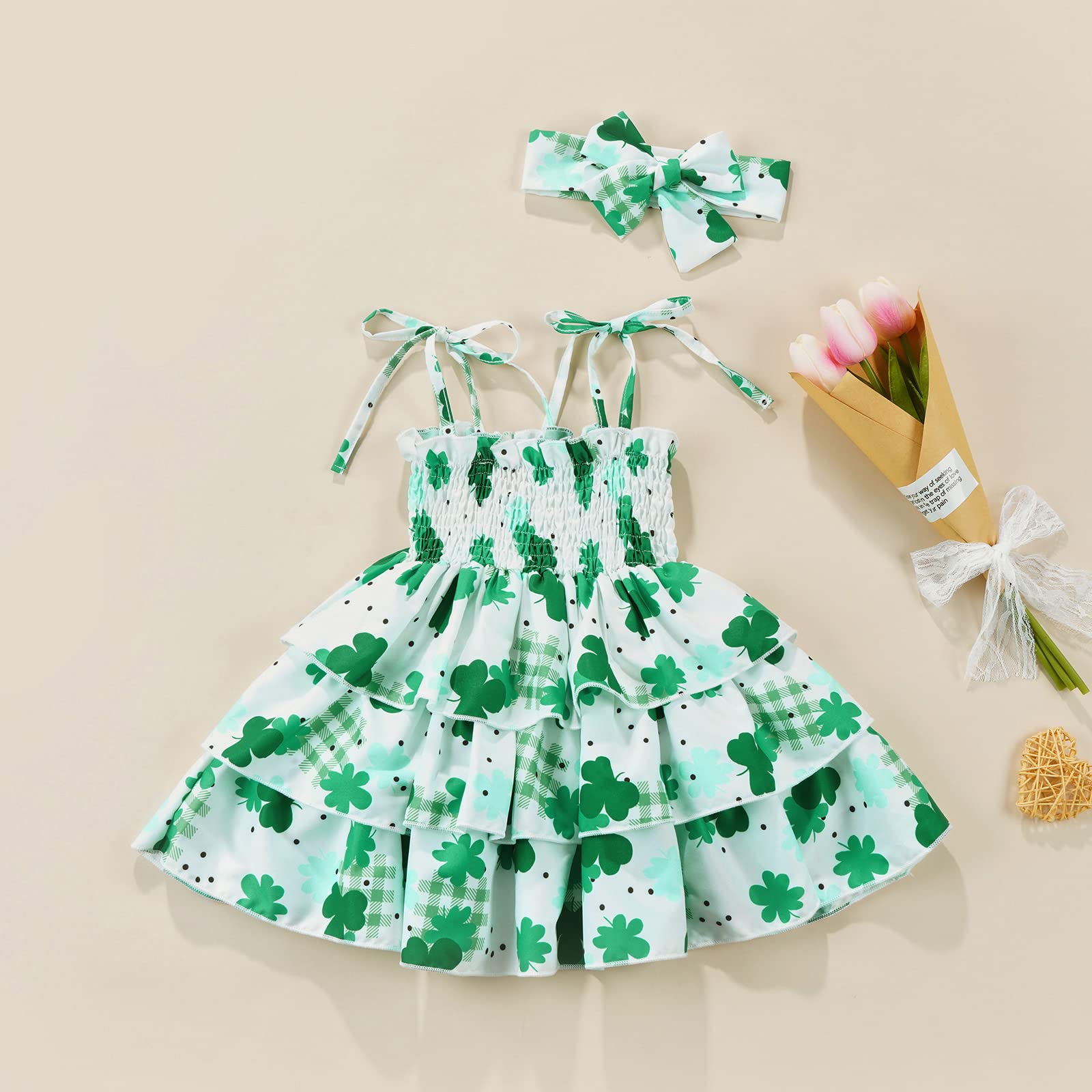 Newborn Baby Girl St. Patrick's Day Outfit Sleeveless Clover Print Ruffle Layer Romper Dress Headband 2Pcs Set (White Dress, 4-5T)