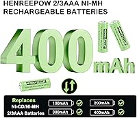 Vista 4 de Henreepow Batería solar 2/3AAA, batería recargable de 2/3AAA 400mAh, batería recargable de baja autodescarga de 2/3AAA 1.2V, paquete de 4 para luces