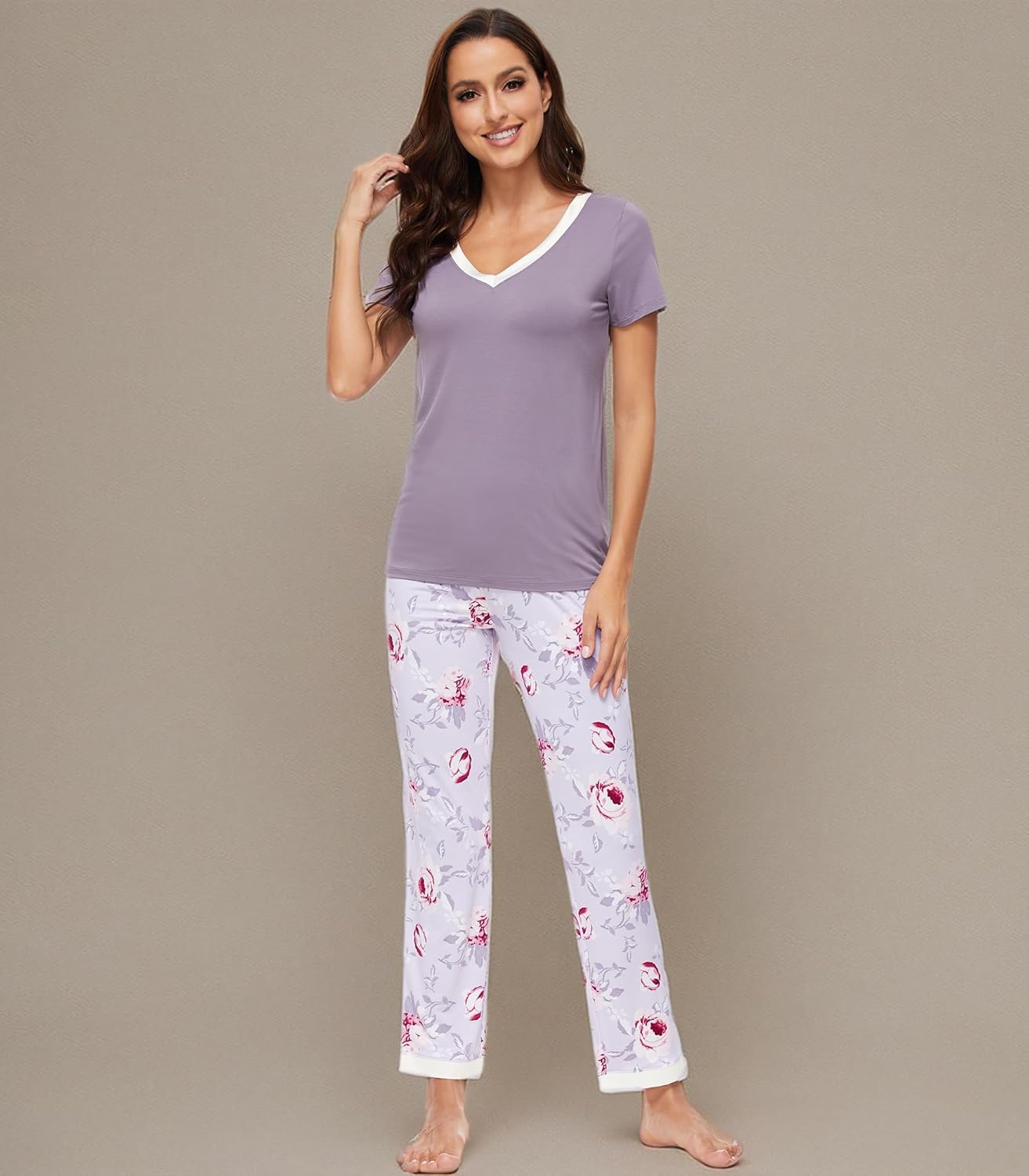 WiWi Womens Viscose from Bamboo Pajamas Set Short Sleeve Top with Pants Pjs Soft V Neck Sleepwear Lightweight Loungewear S-3X - Image 9