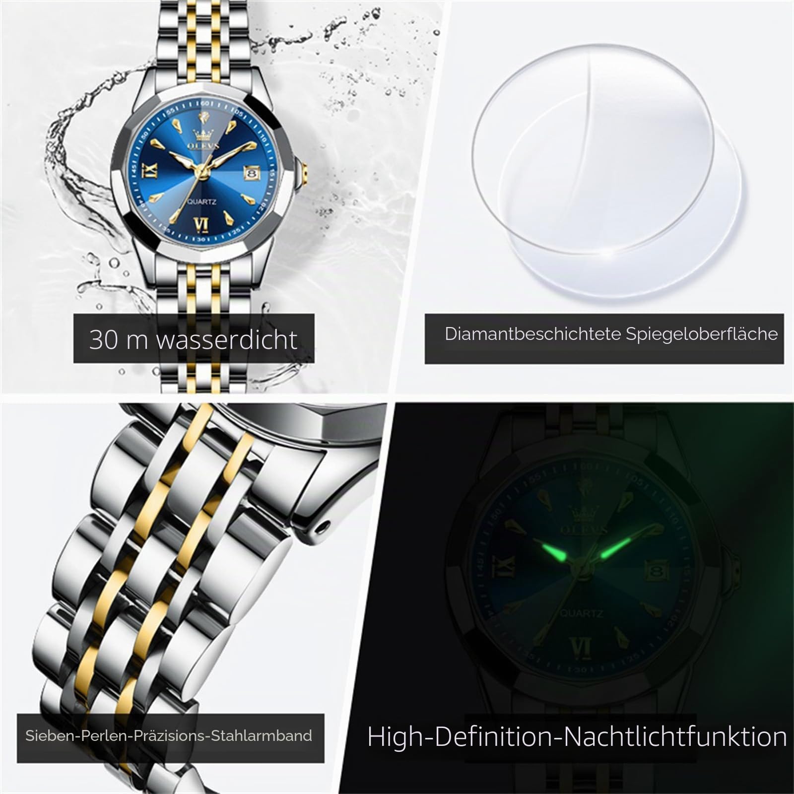 OLEVS Damen-Armbanduhr, Diamant-Zifferblatt, Quarzuhr, Edelstahl, modisch, nachtleuchtend, wasserdicht, analoge Uhr für Frauen, Romantisches Geschenk für Freundin