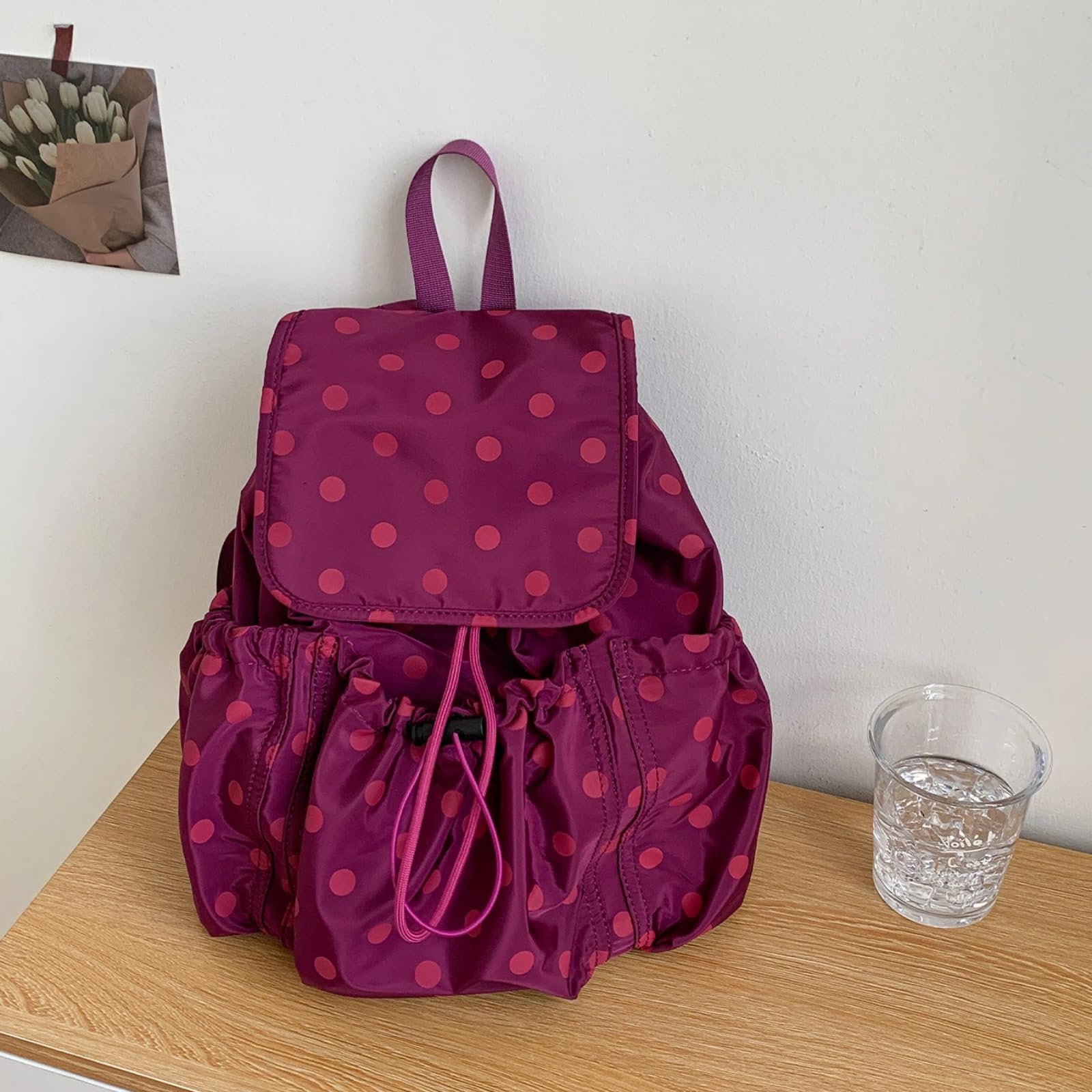 Little Dot Mochila Nylon Ligera Cordón Lunares Escolar Diaria(Café)