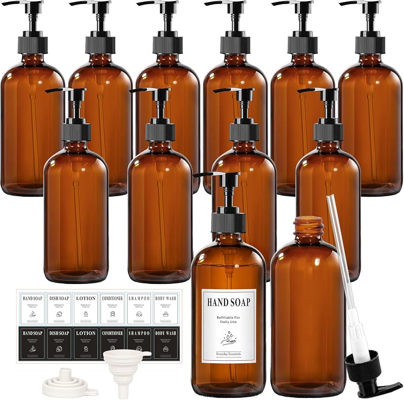 TBWIND 12 Frascos de Vidro Âmbar com Dispensadores de Bomba, 473,18 mL