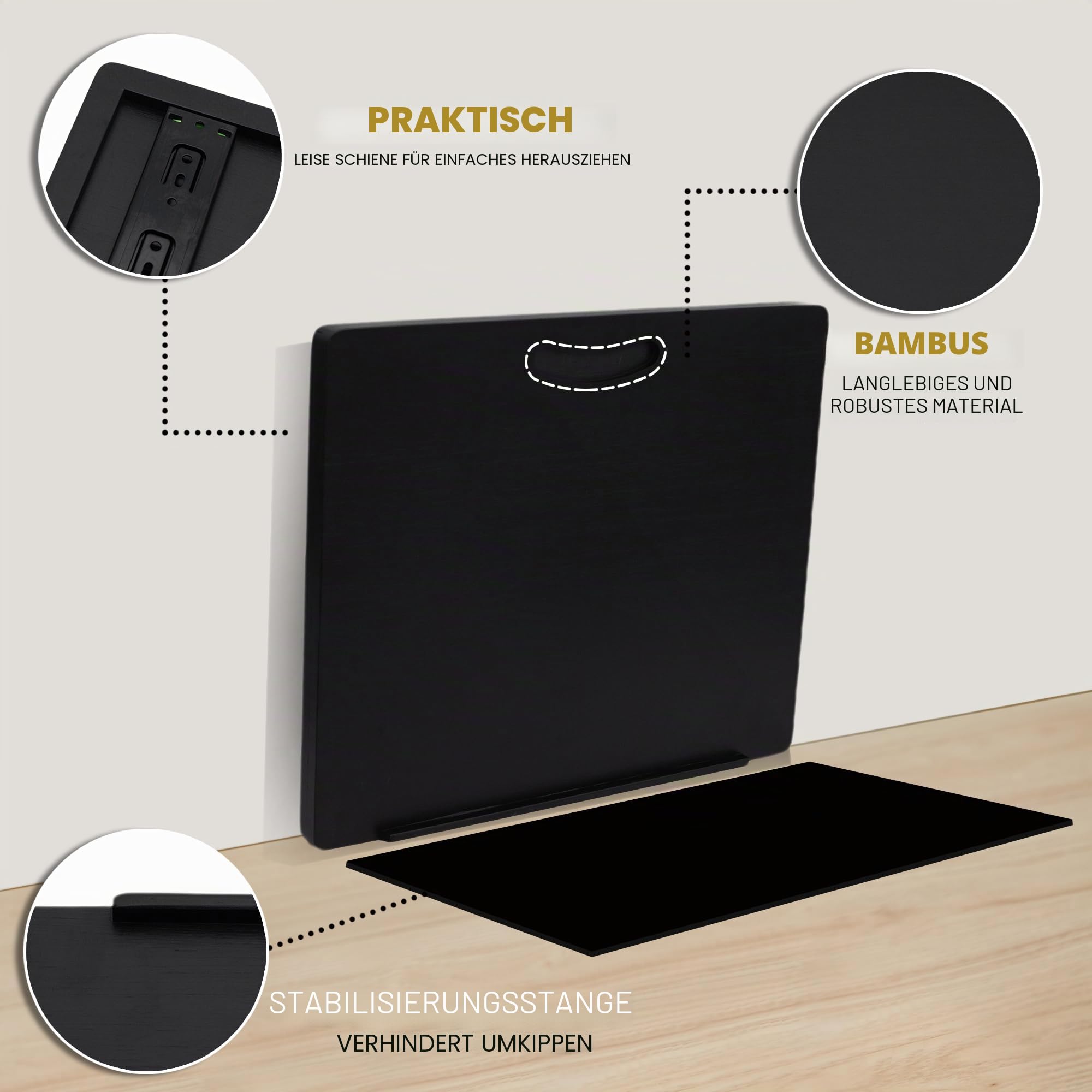 MinBoo Bambus-Geräteschieber, Schiebe-Tablett für Kaffeemaschine, Küchen-Arbeitsplatte, Rolltablett, lässt Sich leicht unter den Schrank schieben, breit, schwarz, groß (40,6 cm B x 33 T)