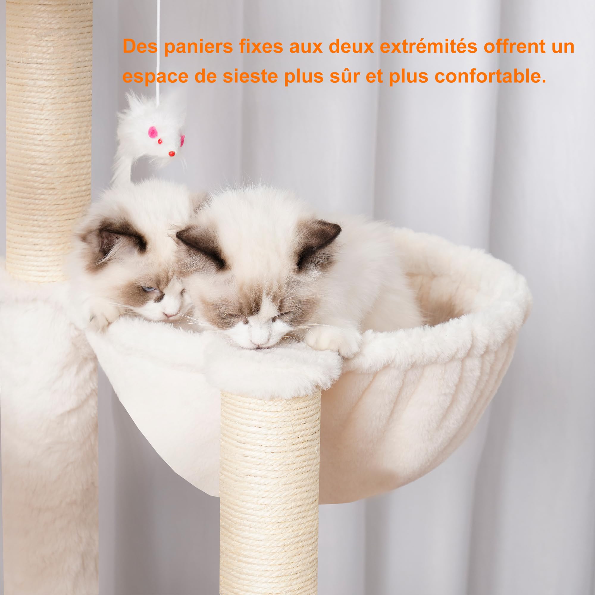 Heybly Arbre à Chat Moderne, Arbre à Chat en Bois avec 5 Griffoirs, Planche à Griffer, Panier, Tour de Jeu 156 cm, Niche, Plateforme, Hamac, 3 Pompons, Tapis Lavables, Noyer HCT120WB