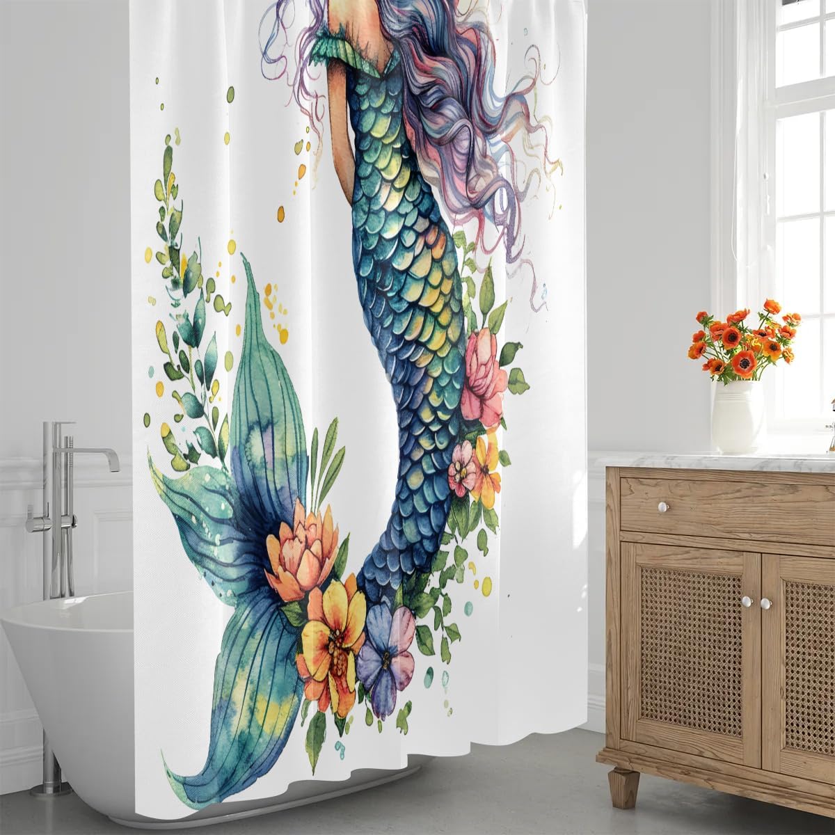 Beautiful Mermaid Bath Shower Curtain Waterproof Shower Curtains 48 x 72 Washable with 12 Shower Curtain Hooks