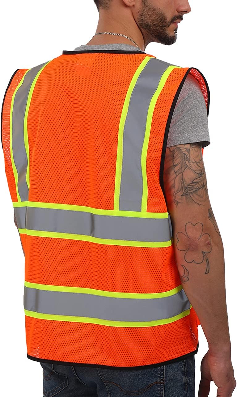 Dib Safety Reflective Mesh Vest High Visibility Two Tone with Pockets and Zipper, ANSI Class 2 Compliant, Orange Mesh with Yellow Trim M - Image 2