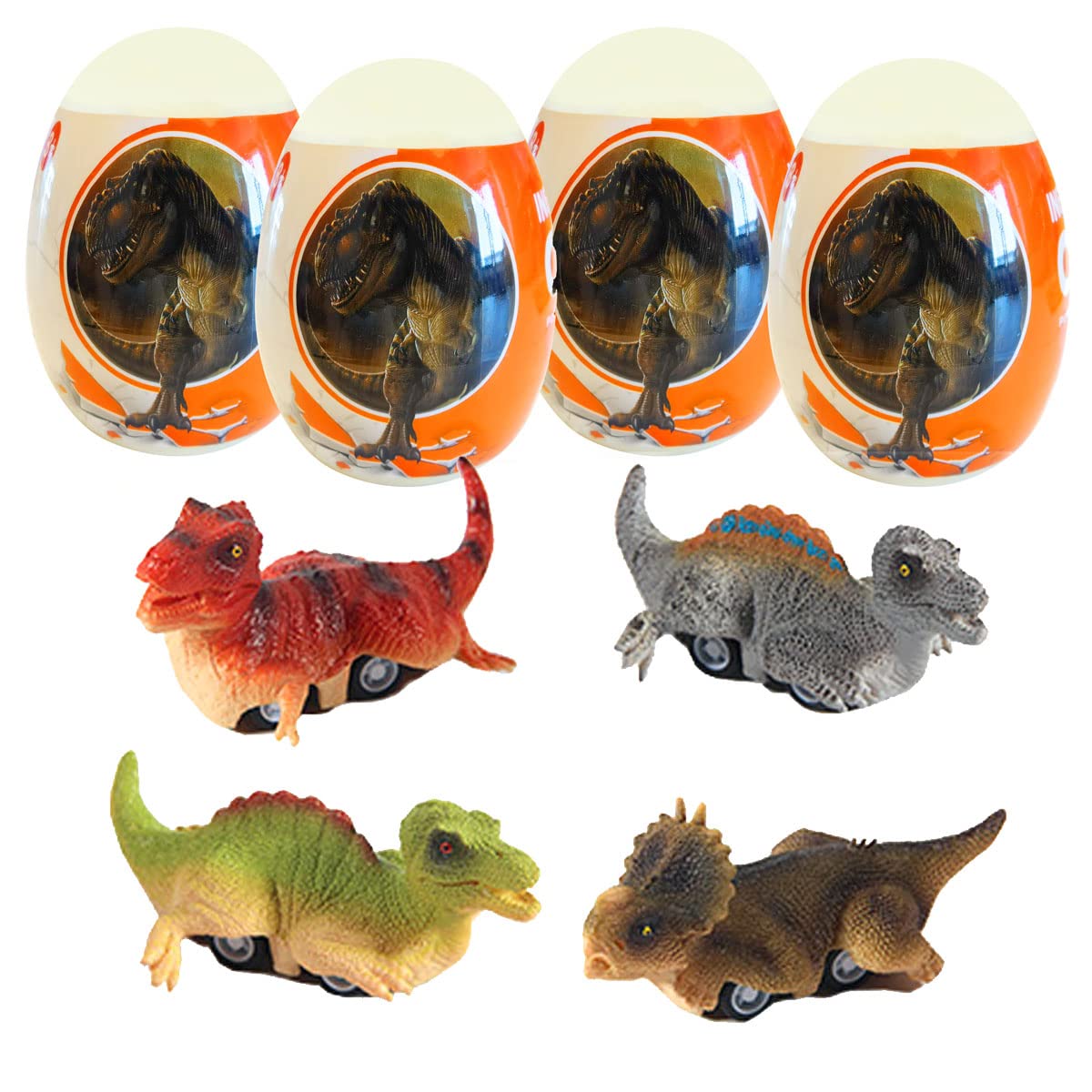 Cherislpy 4 Pack Jumbo Eggs with Dinosaur Pull Back Cars, Dinosaur Toys for Kids,Dino Vehicles for Easter Party Favors,Goodie Bag, Birthday Gifts