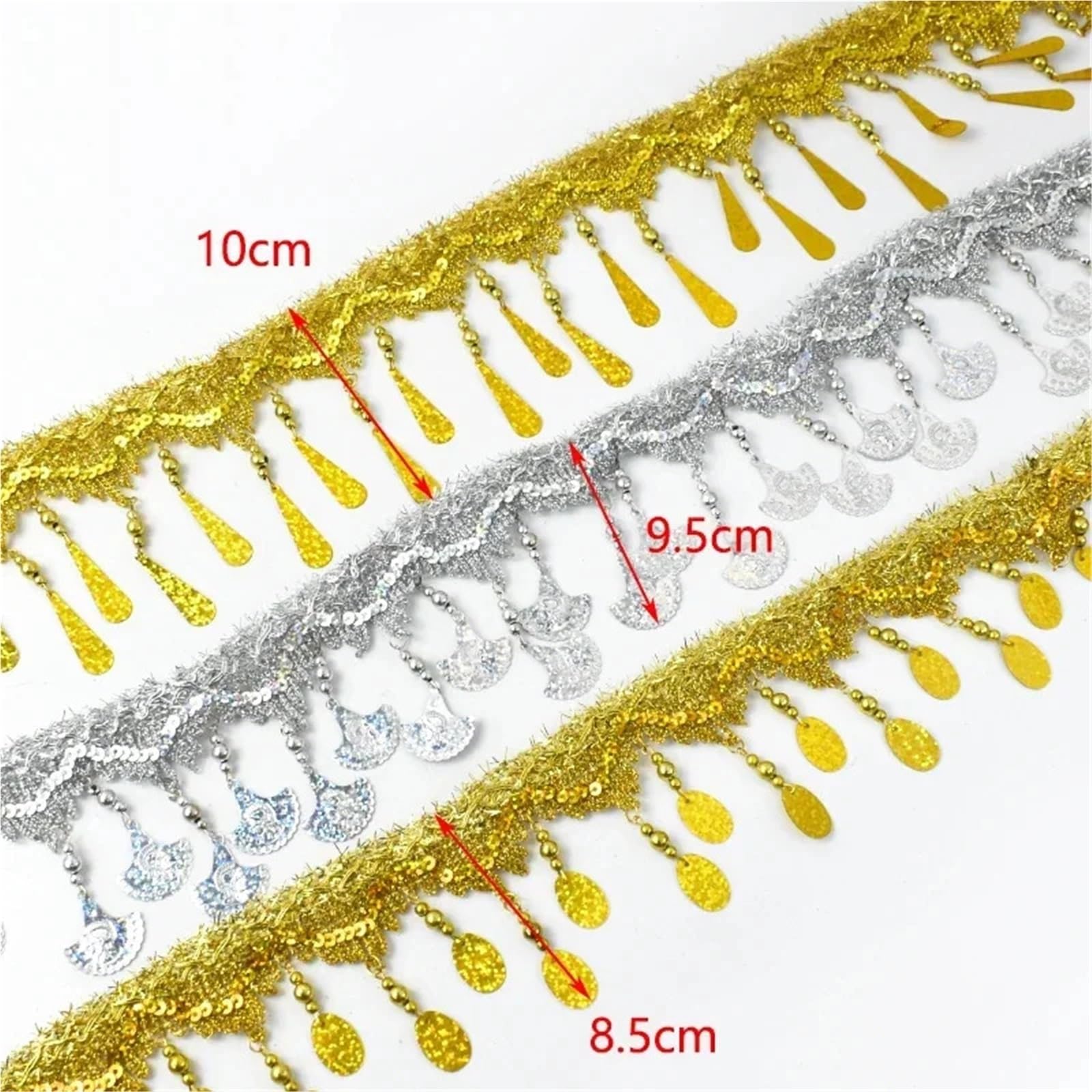Cenefa con flecos y abalorios Borla colgante de lentejuelas | Borlas de encaje vestido de baile latino decoración cordones ropa cortina materiales de costura(Gold-85mm,10Meters)