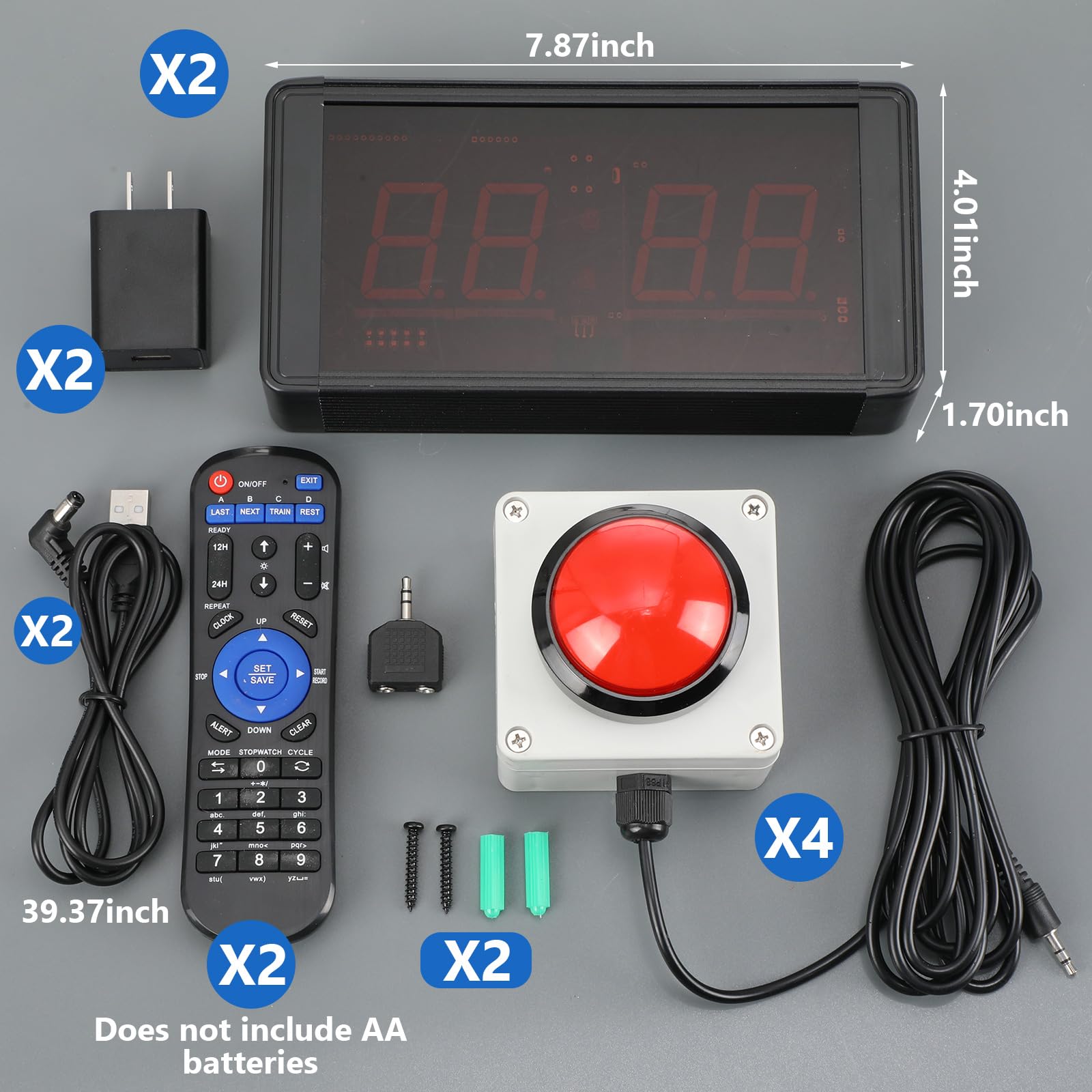 Relaxweex 2 Set Gym Timer Clock 1.5'' Large Digital Wall Fitness Room Rest Timer with Start/Stop Button and Remote Control, Gym Interval Workout Timer with Time Progress Bar Countdown/Up Stopwatch