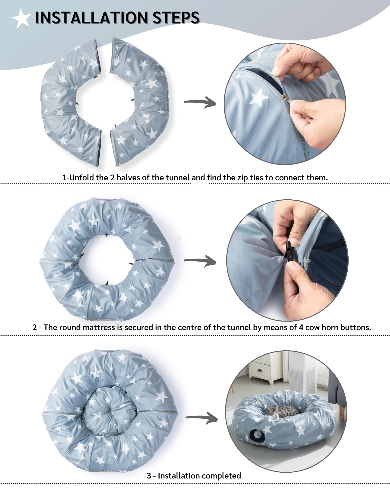 JanYoo Grand tunnel pour chat d'intérieur - Lit en forme de donut avec balle - Pliable - Interactif - Jouet pour chat d'intérieur - Gris