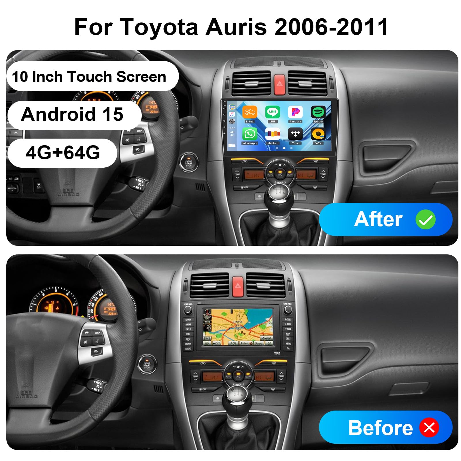 Android 15, 4G+64G GOHHDL Autoradio für Toyota Auris 2006-2011 mit Navi Carplay Android Auto, 10 Zoll Touchscreen Radio 2Din mit GPS-Navigation WLAN Bluetooth FM/RDS SWC Rückfahrkamera Mikrofon