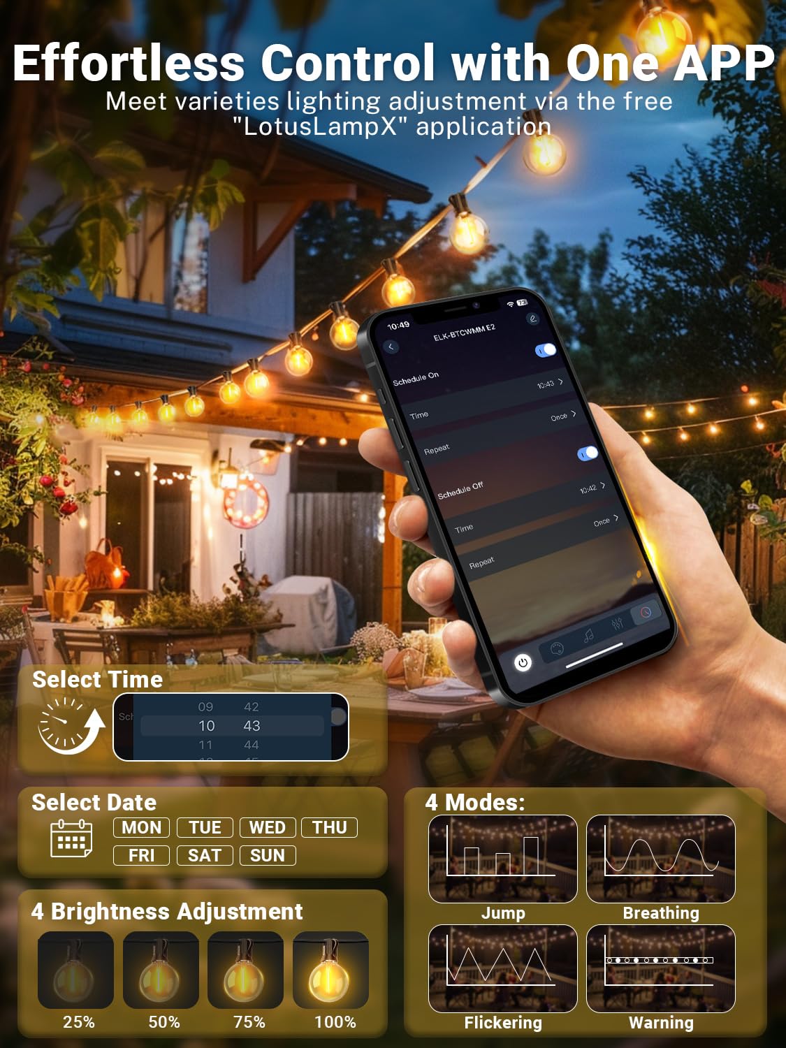 Catena Luminosa Esterno 30M, Controllo APP Luci da Esterno Giardino con G40 LED, Music Sync /Dimmerabile /4 Modalità Impermeabile Catena Luci da Esterno per Matrimonio Festa Giardino Gazebo Terrazzo