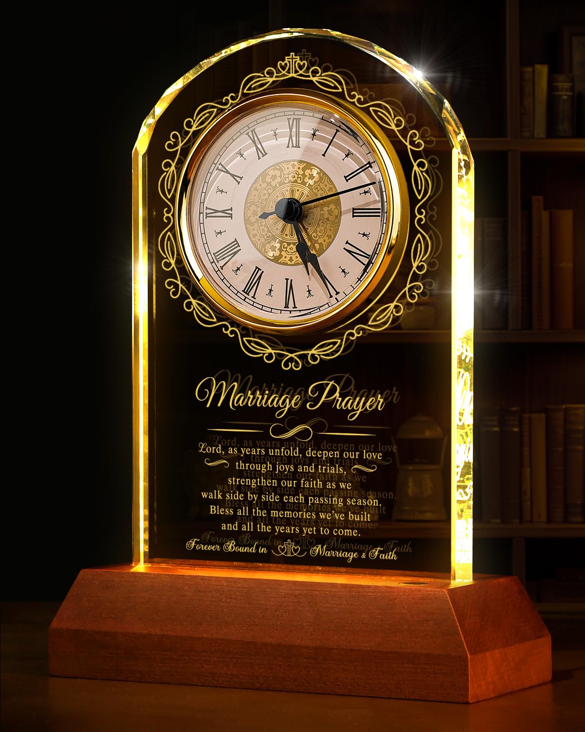 Regalos de boda para parejas 2026, reloj de cuarzo de cristal | Base de luz de madera, regalo de oración de matrimonio de feliz aniversario, regalo de compromiso único, para recién casados