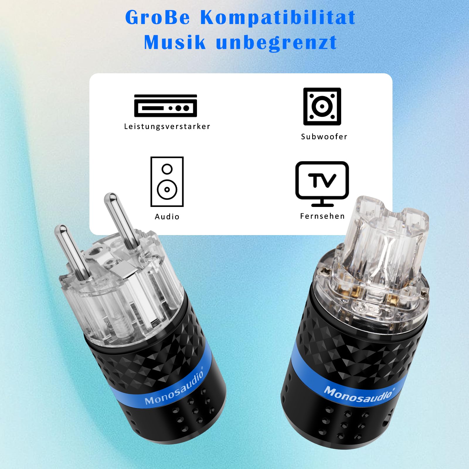 Monosaudio Coppia di connettori HiFi Schuko, IEC C15, connettore High End per dispositivi freddi, 16 A, 250 V, spina audiofilo (rodiato, E103R/F103R)