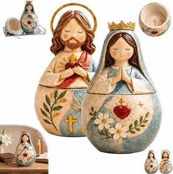 Hand-painted Religious Prayer Box, Sacred Heart Jesus Mary Keepsake