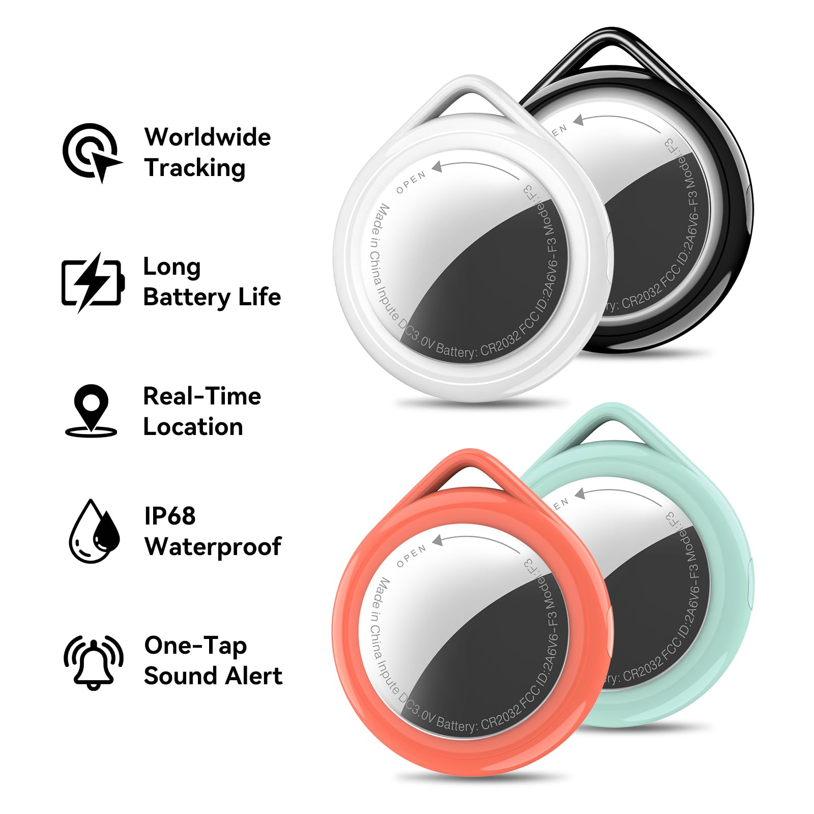 Lot de 4 traqueurs de portefeuille Bluetooth, fonctionne avec l'application Apple Find My (iOS uniquement), détecteur d'objets étanche IP67 avec batterie remplaçable et alarme puissante pour clés
