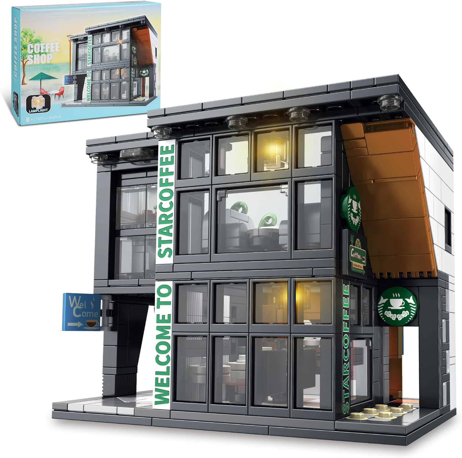 City Coffee House Architecture Building Blocks Set for Adults, Street View Modern Cafe Shop Building Construction Toy with Light, Christmas Birthday Gift for Kids Boys Girls 6-12 (581 PCS)