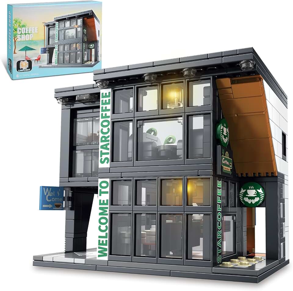 NEWABWN City Coffee House Architecture Building Blocks Set for Adults, Street View Modern Cafe Shop Building Construction Toy with Light, Christmas Birthday Gift for Kids Boys Girls 6-12 (581 PCS)