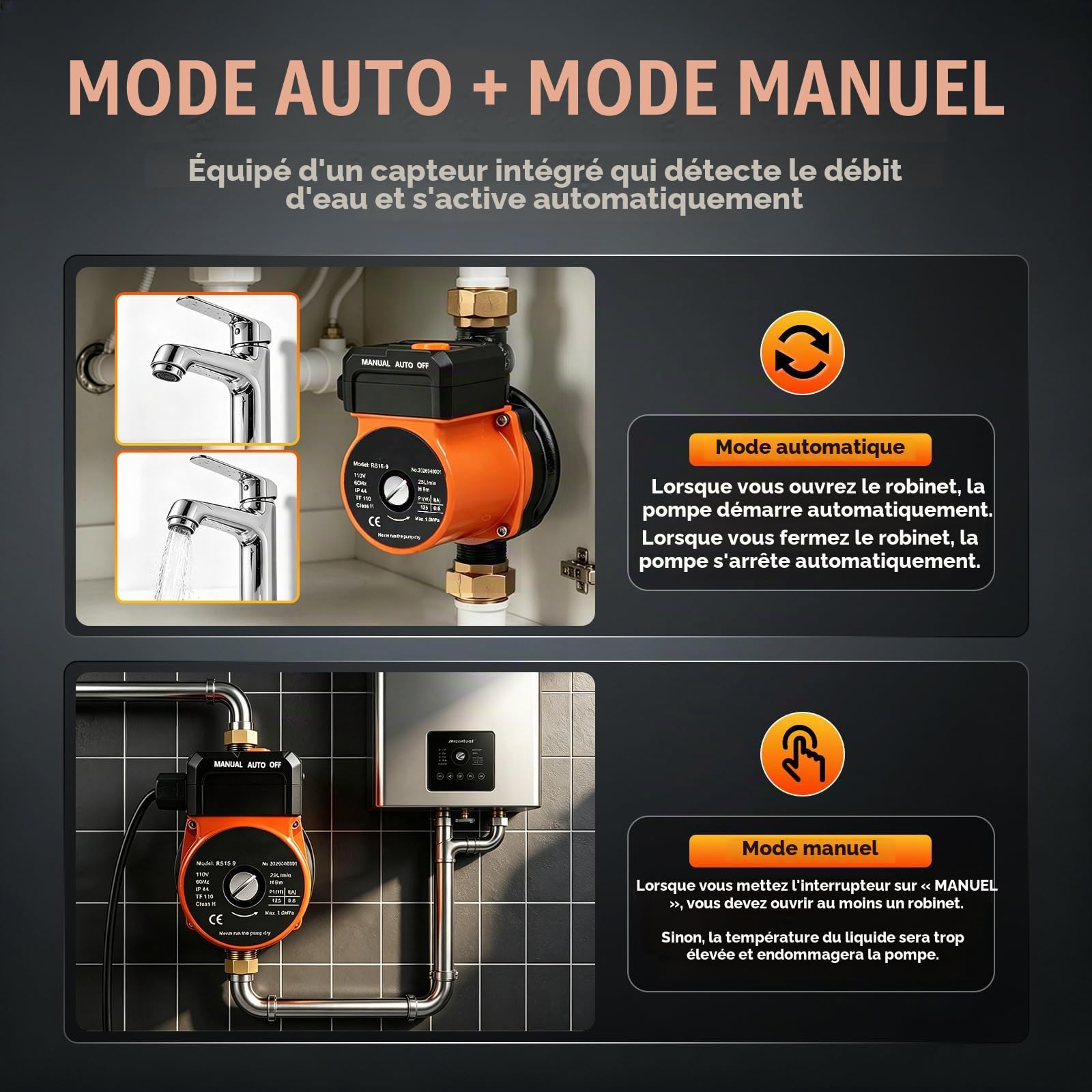 125W Pompe Surpresseur Automatique avec Modes Automatique et Manuel