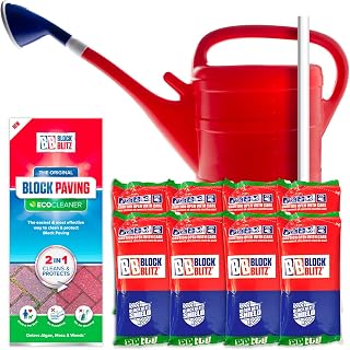 Block Blitz Block Paving Eco Cleaner Starter Kit: Includes 8 x 390g Pouches, 10 Litre Watering Can, Rose and Stirrer – Cleans up to 120 Square meters of Paving