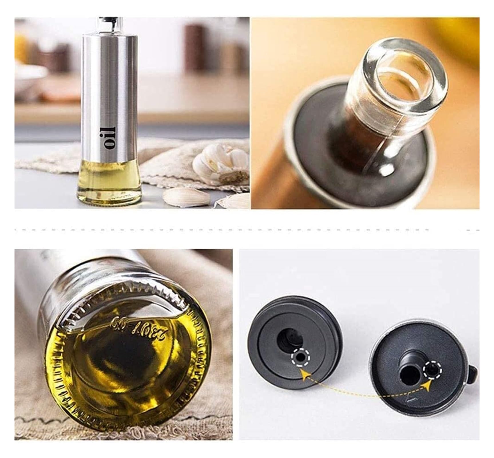 Dispenser per Olio e aceto, dosatore per Olio in Vetro per Uso Alimentare in Acciaio Inossidabile a Prova di perdite, dosatore per Olio (300 ml x 3) Bottiglie(