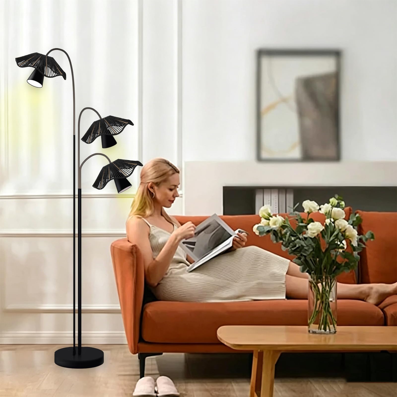 3 paralumi in rattan a forma di conchiglia, in carta intrecciata e ferro, stile bohémien, per soggiorno, camera da letto, cucina, sala da pranzo, 29,5 x 29,5 x 9,35 cm, nero
